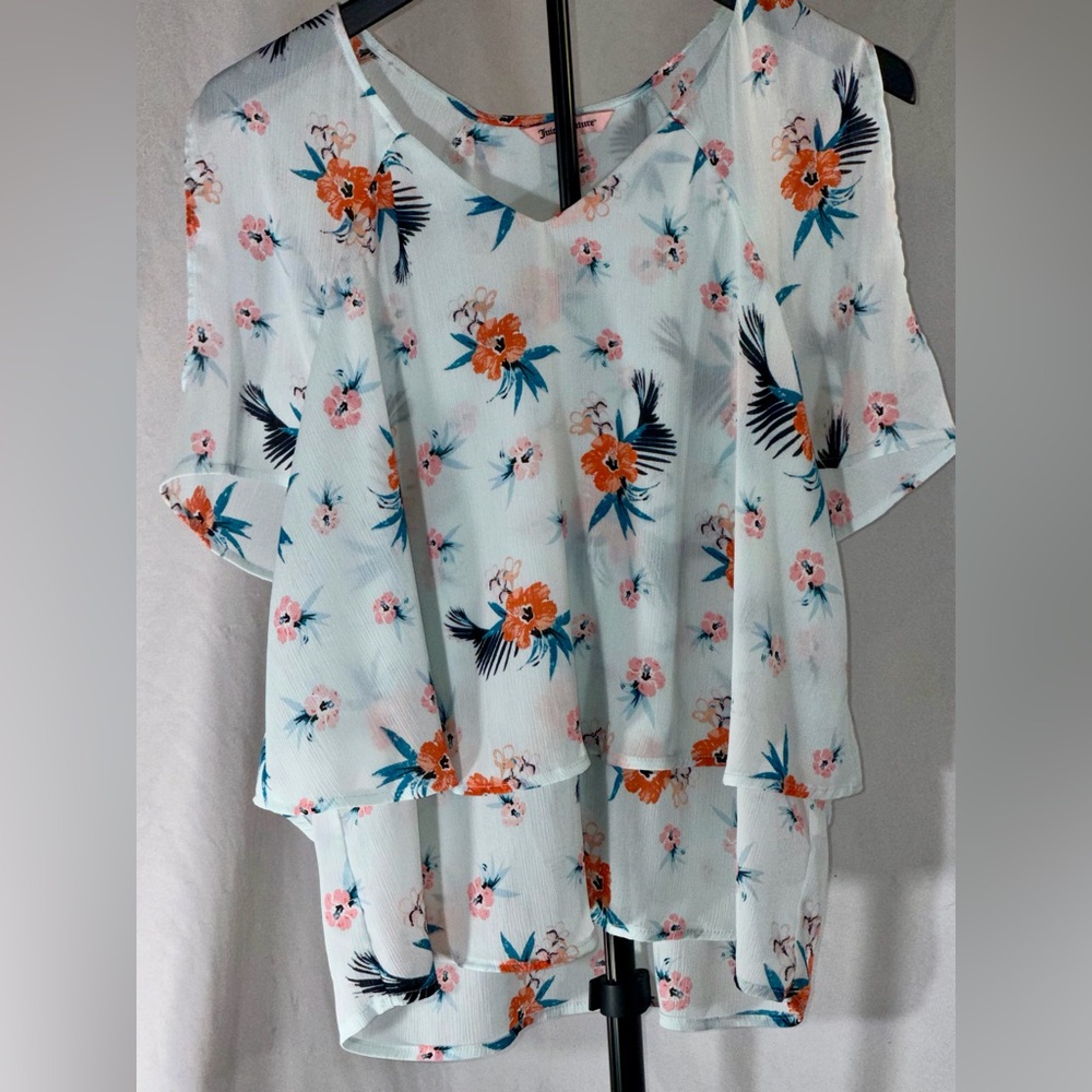 Juicy Couture Floral Layered Light Blue Blouse with Orange Accents